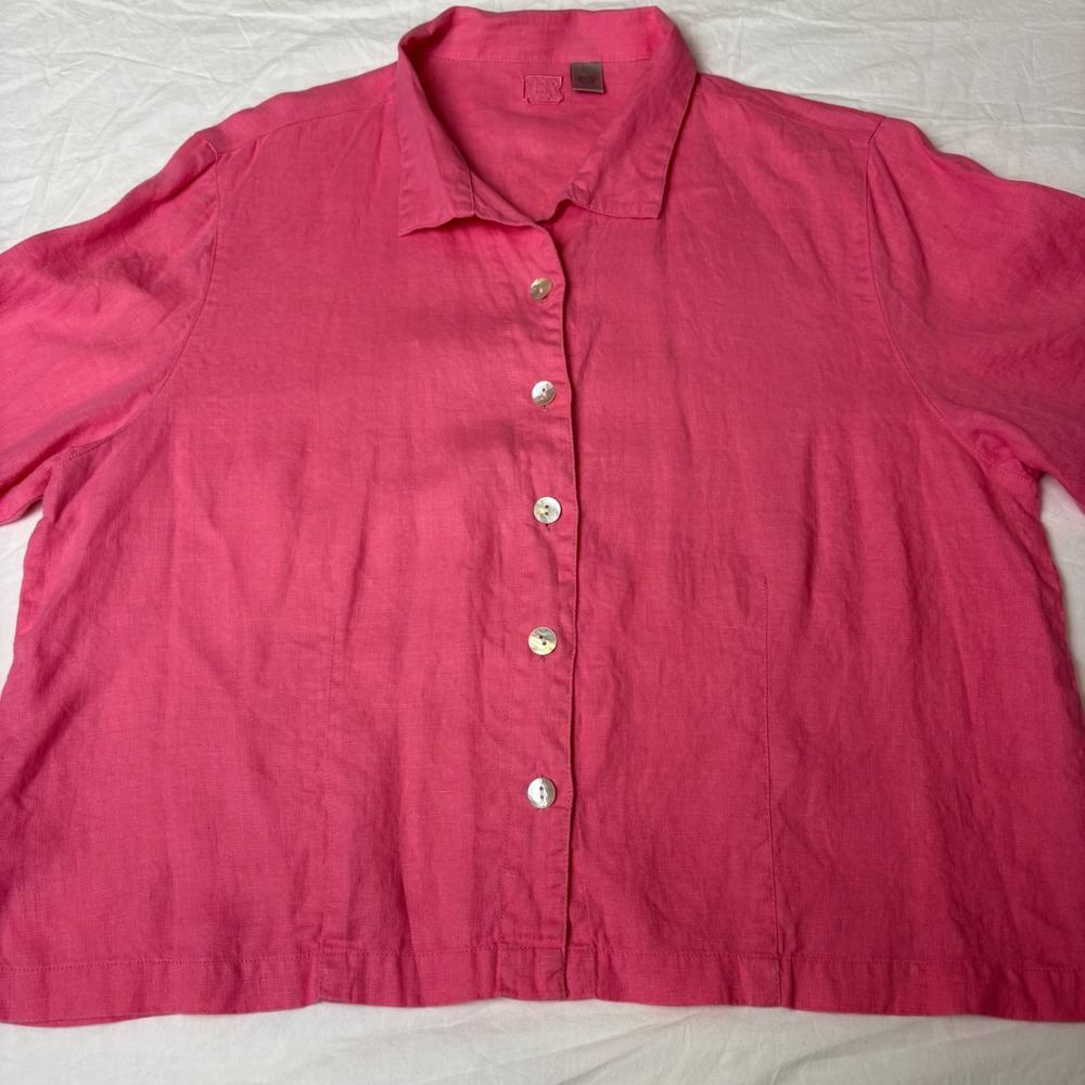 Chicos Lino Pink 100% Linen Button Down Shirt Short Sleeve Size 2 Large